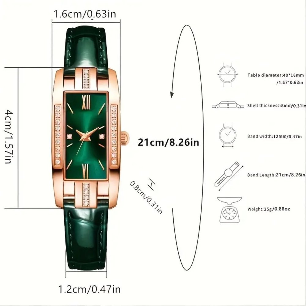 Vintage Rectangle Ladies Quartz Watch with Rhinestone, Roman Numeral Dial Green - Picture 4 of 5